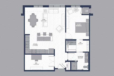 Floor plan for 1 bed, 1 bath, 1012 sqft